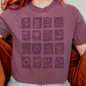 Floral Grid Tee Minimal Garden Graphic Shirt Comfort Colors Boho Retro Botanical